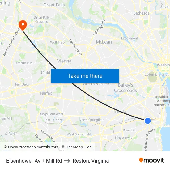 Eisenhower Av + Mill Rd to Reston, Virginia map