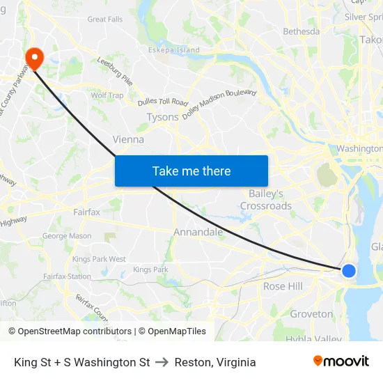 King St + S Washington St to Reston, Virginia map
