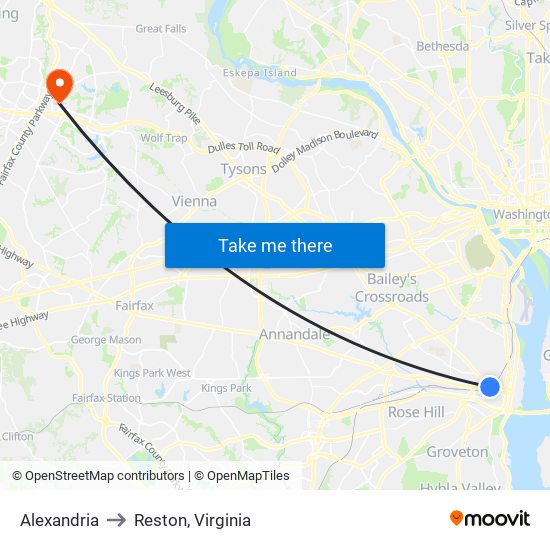 Alexandria to Reston, Virginia map