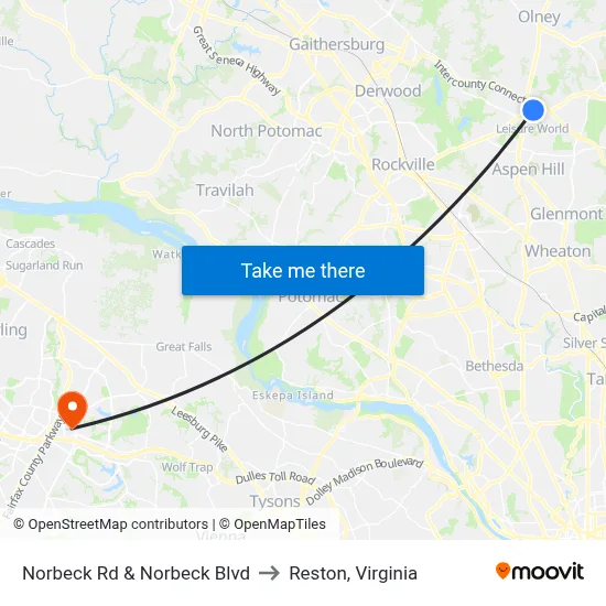 Norbeck Rd & Norbeck Blvd to Reston, Virginia map