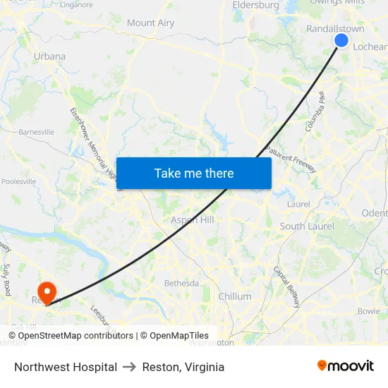 Northwest Hospital to Reston, Virginia map