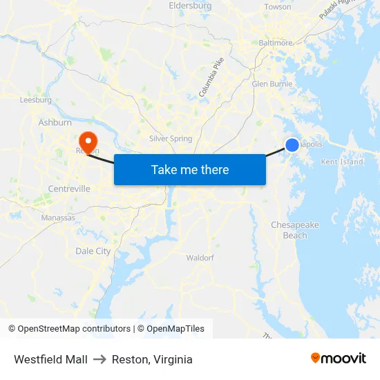 Westfield Mall to Reston, Virginia map