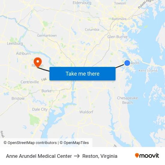Anne Arundel Medical Center to Reston, Virginia map