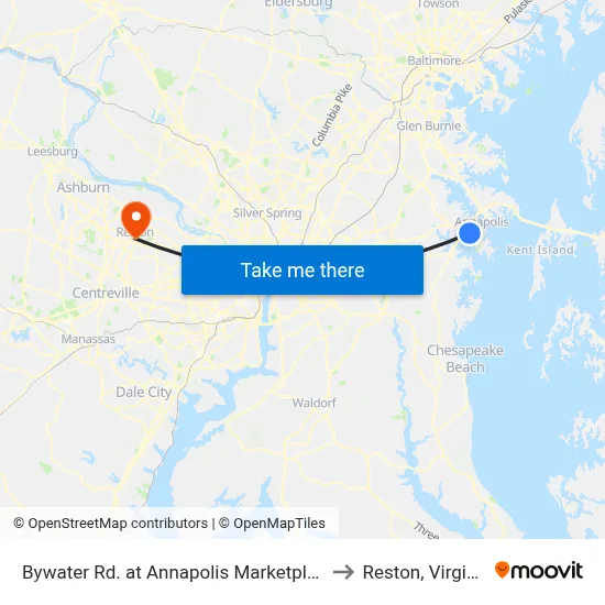 Bywater Rd. at Annapolis Marketplace to Reston, Virginia map