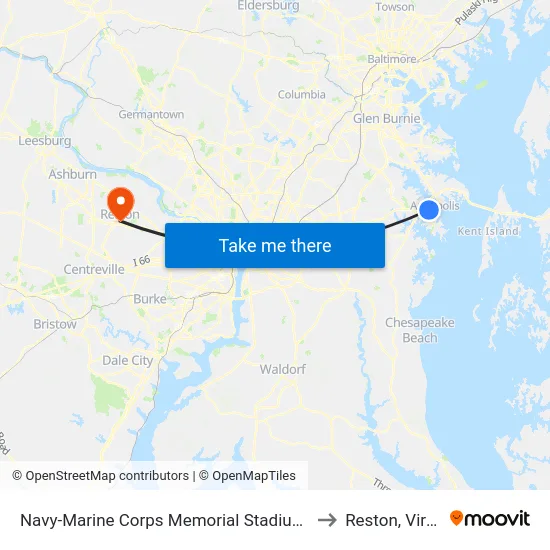Navy-Marine Corps Memorial Stadium (Stop 1) to Reston, Virginia map