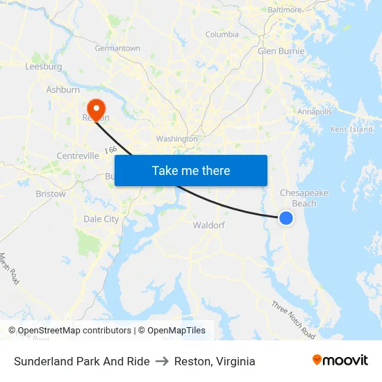 Sunderland Park And Ride to Reston, Virginia map