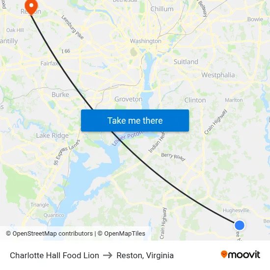 Charlotte Hall Food Lion to Reston, Virginia map