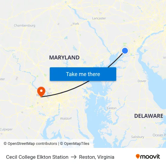 Cecil College Elkton Station to Reston, Virginia map