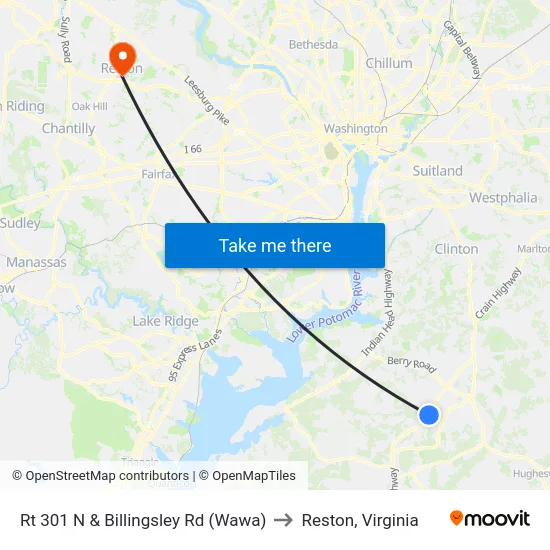 Rt 301 N & Billingsley Rd (Wawa) to Reston, Virginia map