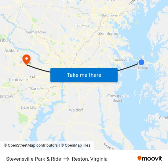 Stevensville Park & Ride to Reston, Virginia map