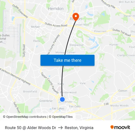 Route 50 @ Alder Woods Dr to Reston, Virginia map