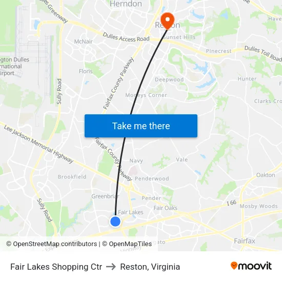 Fair Lakes Shopping Ctr to Reston, Virginia map