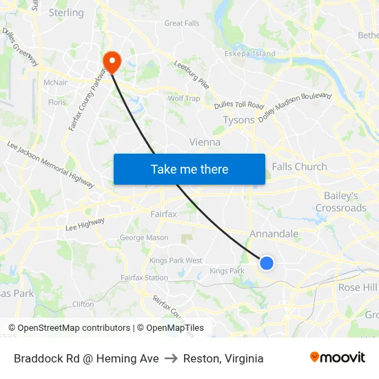 Braddock Rd @ Heming Ave to Reston, Virginia map