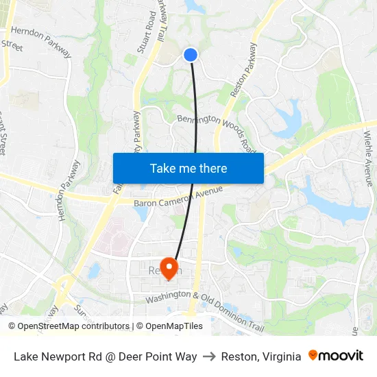 Lake Newport Rd @ Deer Point Way to Reston, Virginia map