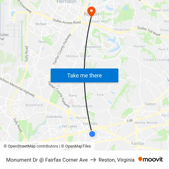 Monument Dr @ Fairfax Corner Ave to Reston, Virginia map