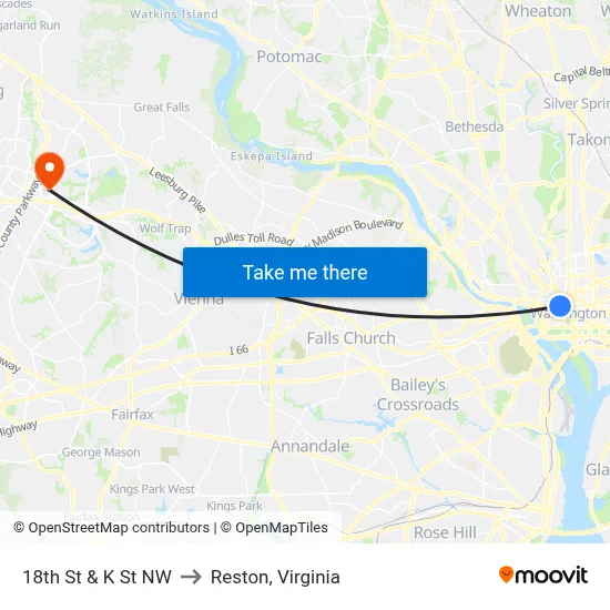 18th St & K St NW to Reston, Virginia map