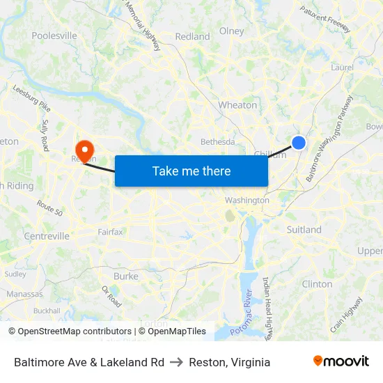 Baltimore Ave & Lakeland Rd to Reston, Virginia map