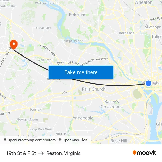 19th St & F St to Reston, Virginia map