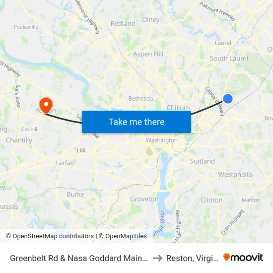 Greenbelt Rd & Nasa Goddard Main Gate to Reston, Virginia map