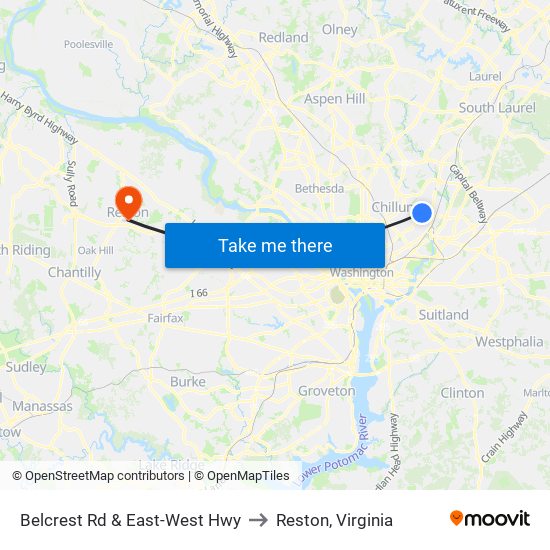 Belcrest Rd & East-West Hwy to Reston, Virginia map