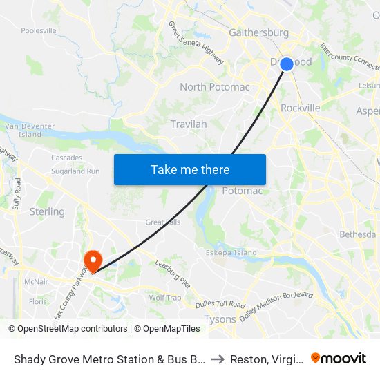 Shady Grove Metro Station & Bus Bay C to Reston, Virginia map