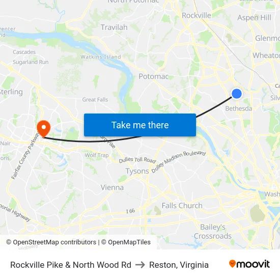 Rockville Pike & North Wood Rd to Reston, Virginia map