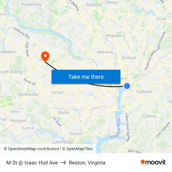 M St @ Isaac Hull Ave to Reston, Virginia map