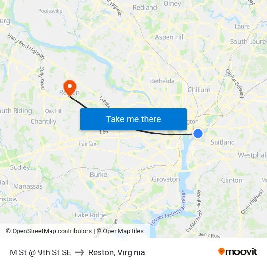 M St @ 9th St SE to Reston, Virginia map