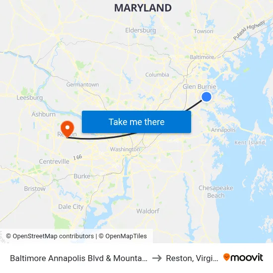 Baltimore Annapolis Blvd & Mountain Rd to Reston, Virginia map