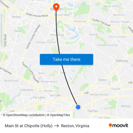 Main St at Chipotle (Holly) to Reston, Virginia map