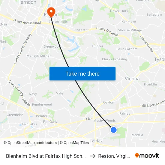 Blenheim Blvd at Fairfax High School to Reston, Virginia map