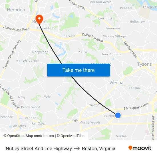 Nutley Street And Lee Highway to Reston, Virginia map