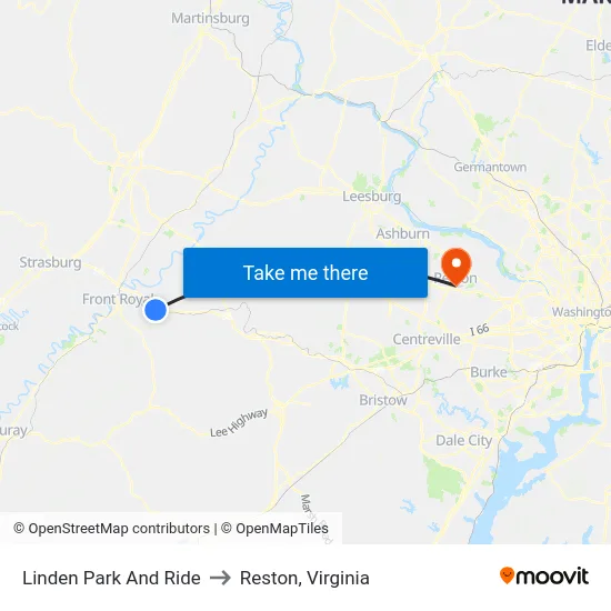 Linden Park And Ride to Reston, Virginia map