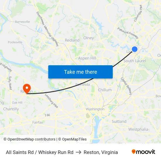 All Saints Rd / Whiskey Run Rd to Reston, Virginia map