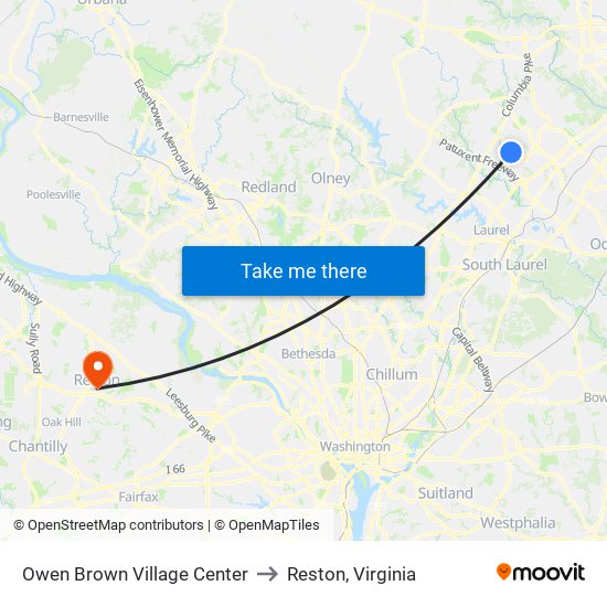 Owen Brown Village Center to Reston, Virginia map