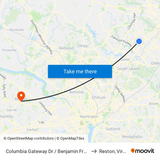 Columbia Gateway Dr / Benjamin Franklin Dr to Reston, Virginia map