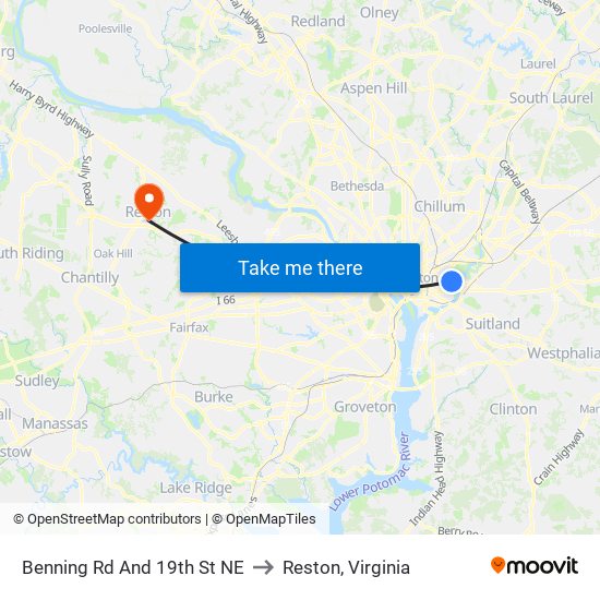 Benning Rd And 19th St NE to Reston, Virginia map