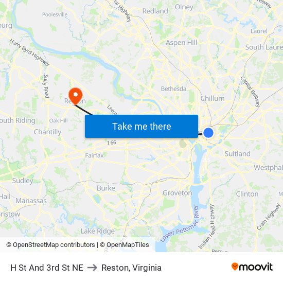H St And 3rd St NE to Reston, Virginia map