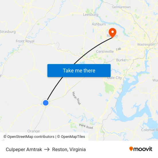 Culpeper Amtrak to Reston, Virginia map