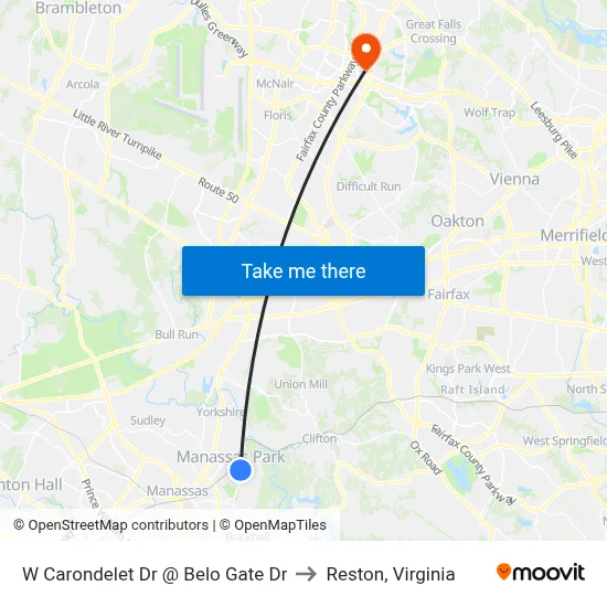 W Carondelet Dr @ Belo Gate Dr to Reston, Virginia map