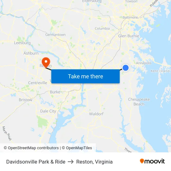 Davidsonville Park & Ride to Reston, Virginia map