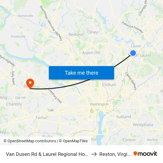 Van Dusen Rd & Laurel Regional Hospital to Reston, Virginia map