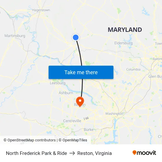 North Frederick Park & Ride to Reston, Virginia map