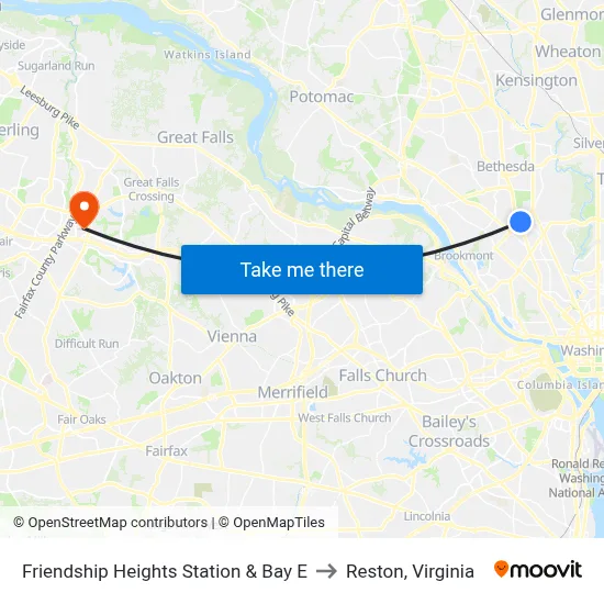 Friendship Heights Station & Bay E to Reston, Virginia map
