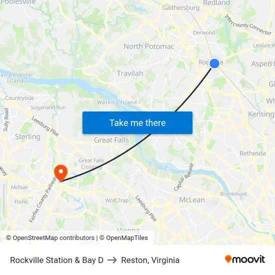 Rockville Station & Bay D to Reston, Virginia map