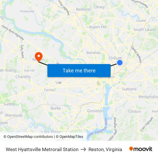West Hyattsville Metrorail Station to Reston, Virginia map