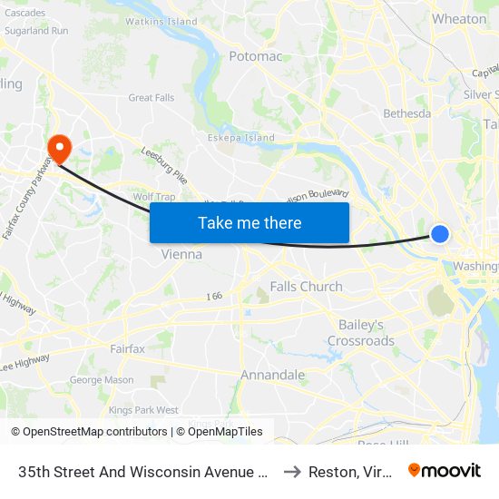 35th Street And Wisconsin Avenue NW (Sb) to Reston, Virginia map