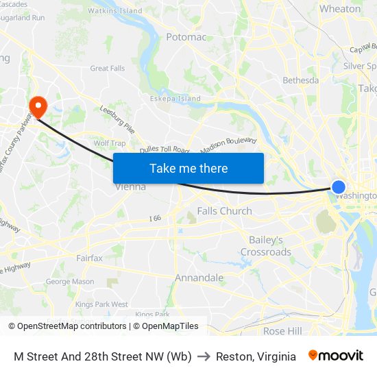 M Street And 28th Street NW (Wb) to Reston, Virginia map