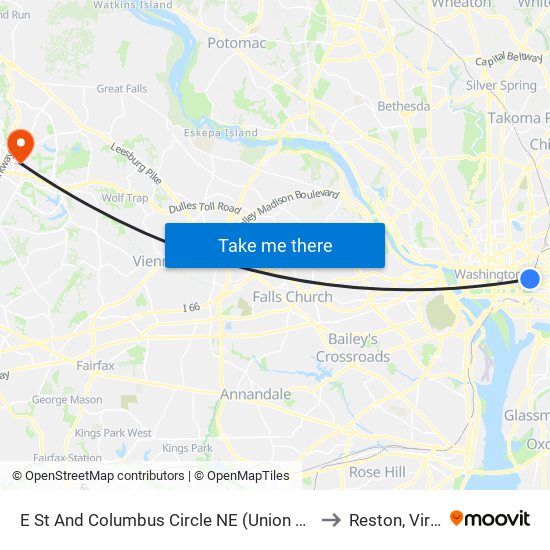 E St And Columbus Circle NE (Union Station) (Eb) to Reston, Virginia map