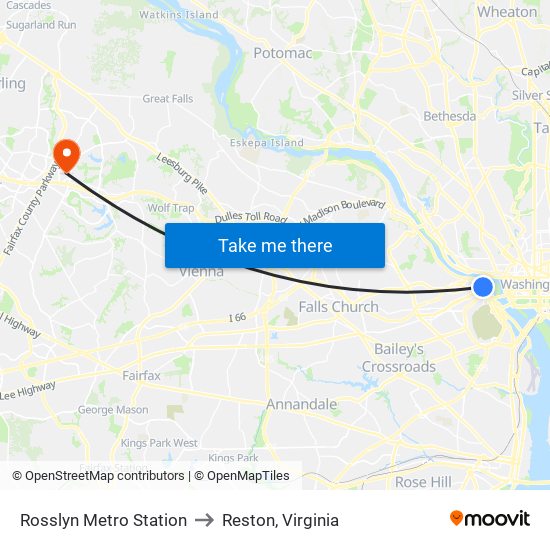 Rosslyn Metro Station to Reston, Virginia map